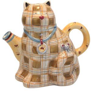 DEBBIE MUMM Plaid Cat Teapot Sakura Hand Painted Brown Blue 6" Tall